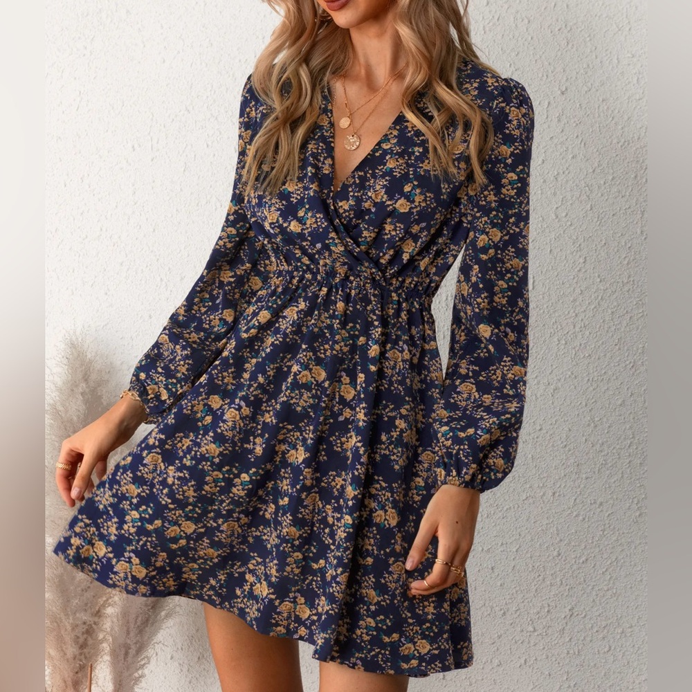 Cupshe Alison Ditsy Floral Peasant Sleeve Mini Dress Blue Medium